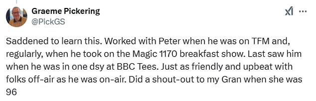 Fellow radio broadcasters Colin Briggs and Graeme Pickering also voiced their heartbreak at learning the tragic news and took to X to praise Peter's 'incredible enthusiasm' and friendliness