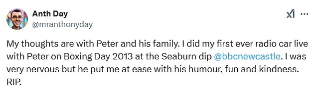 BBC Radio Tees producer Anthony Day shared a sweet anecdote about his time working alongside Peter as he paid tribute