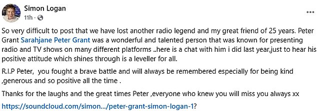 Simon took to his Facebook to announce: 'So very difficult to post that we have lost another radio legend and my great friend of 25 years'