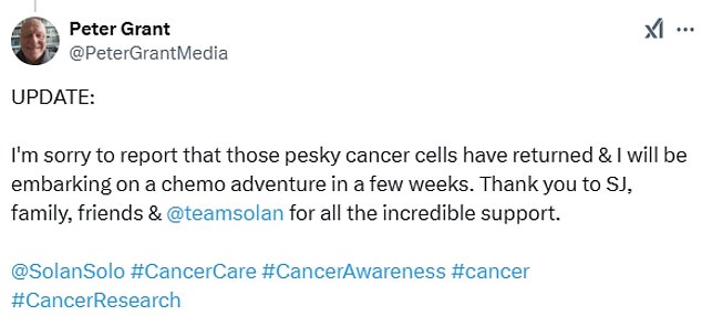 However, sadly just one month later he revealed that the cancer had come back, writing: 'UPDATE: I'm sorry to report that those pesky cancer cells have returned & I will be embarking on a chemo adventure in a few weeks'