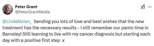 Peter sent his love to the singer amid her own fight against cancer, while revealing the pair had worked together previously in a pantomime in Barnsley