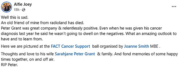 BBC Radio Newcastle star Alfie Joey took to Facebook to write a tribute to his 'old friend', who he described as 'relentlessly positive', even after being diagnosed with cancer last year