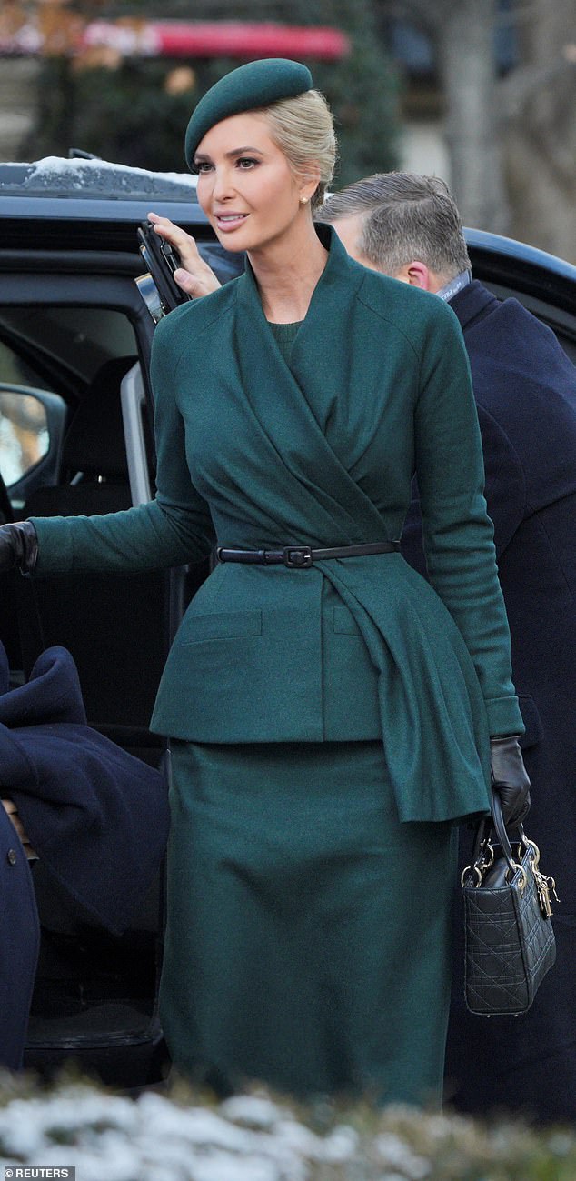 Ivanka Trump looks effortlessly chic in a deep-forest-green outfit as she arrives ahead of her father Donald Trump's inauguration on Monday morning