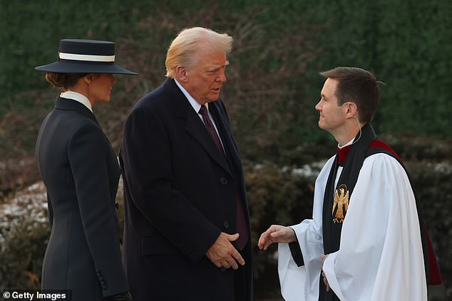 Melania Trump and President-elect Donald Trump are greeted by Rev. Robert W. Fisher as they arrive for service at St. John's Church