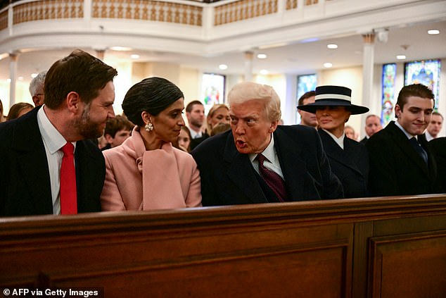 Donald Trump chats with J.D. Vance and Usha Vance as Melania and Baron look on