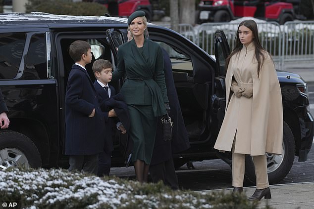 Daughter Arabella, 13, appears to be following in her mother's stylish footsteps, wearing a beige ensemble, while her sons Joseph, 11, and Theodore, eight, wore navy-blue suits