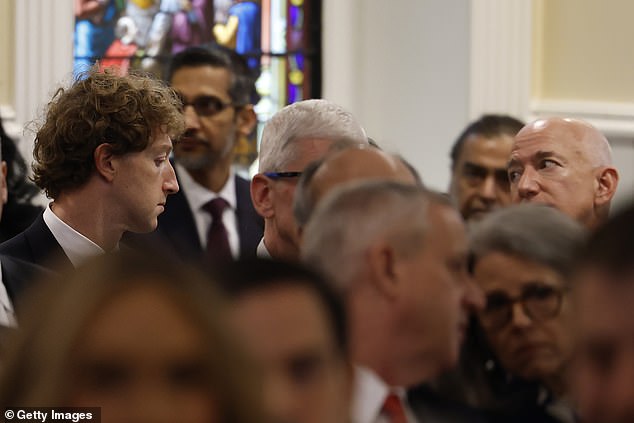 Meta and Facebook CEO Mark Zuckerberg (L) CEO of Apple Tim Cook, Founder of Amazon and Blue Origin Jeff Bezos at church with Trump