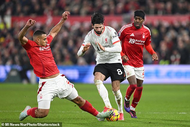 The Brazilian (left) had been attracting interest from a series of major sides, with Liverpool known to be admirers. Pictured: Murillo tackles Reds midfielder Dominik Szoboszlai (centre)