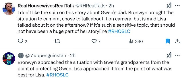 Another user, @c1ubpenguinstan, said, 'Bronwyn approached the situation with Gwen’s grandparents from the point of protecting Gwen. Lisa approached it from the point of what was best for Lisa. #RHOSLC'