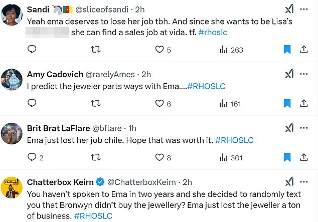 @sliceofsandi added, 'Yeah ema deserves to lose her job tbh. And since she wants to be Lisa’s b***h, hope she can find a sales job at vida. tf,' referring to Lisa Barlow's Vida tequila company