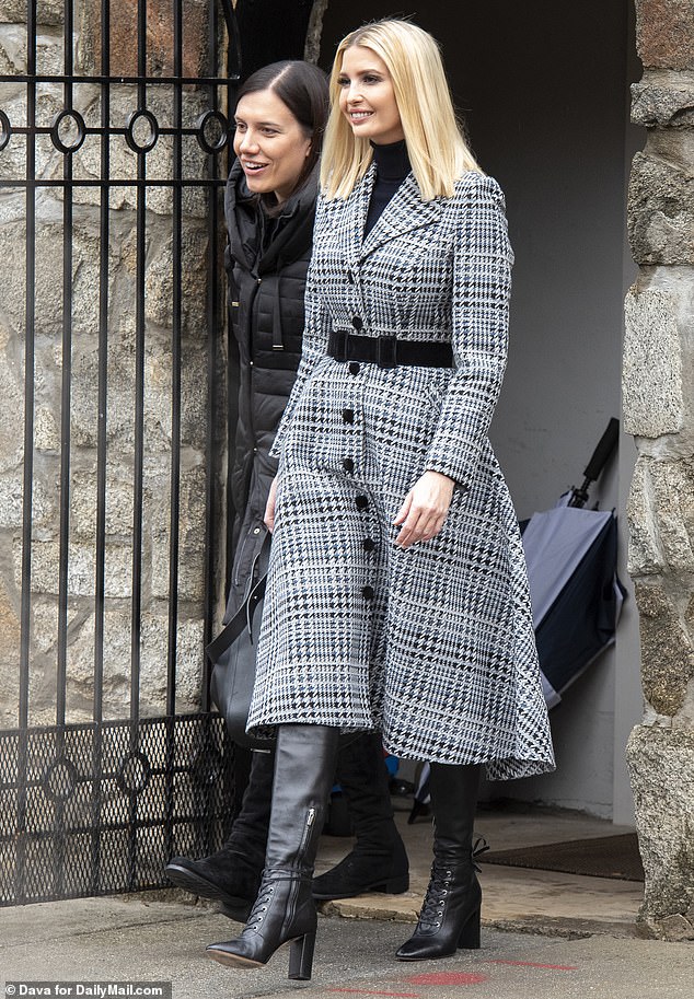 Arabella's statement $2,260 black and white coat dress is from Suzannah London, and was worn by Ivanka in 2019 and 2020