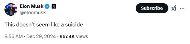 'This doesn't seem like a suicide,' Elon Musk, arch-nemesis of Sam Altman, wrote when reposting one of Ramarao's tweets, and also shared other articles and posts about the case