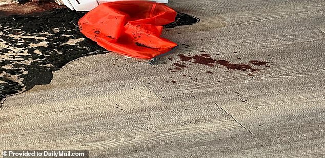 A splash of lighter blood next to a red shopping bag that was stuck to the biggest blood pool