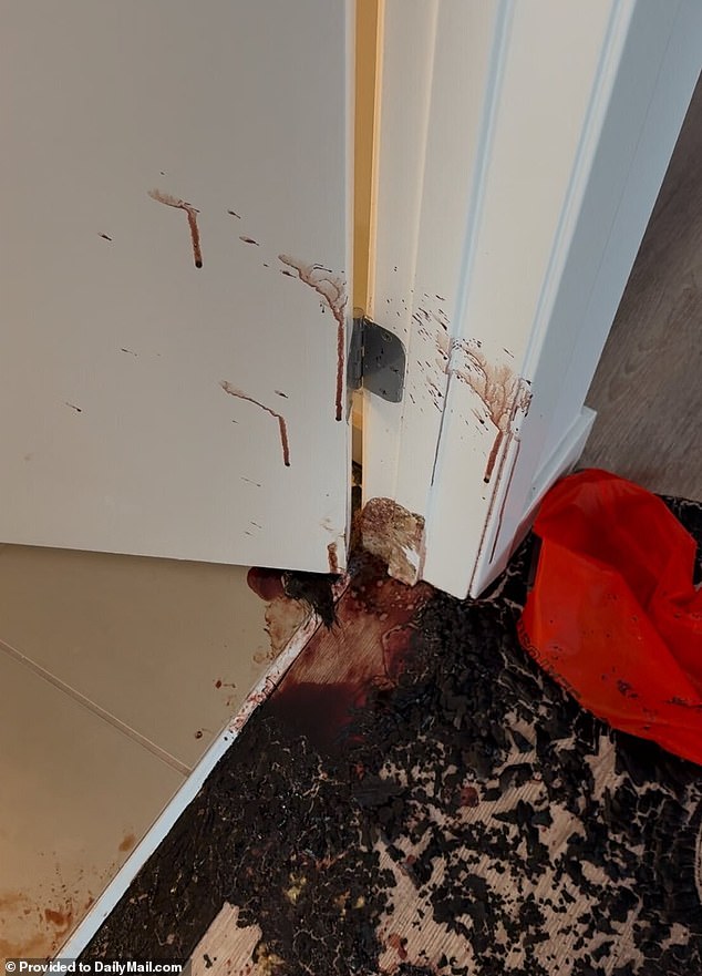 Photos obtained by DailyMail.com show blood was pooled next to the bathroom door where his head lay, but also splattered around the bathroom far from the body