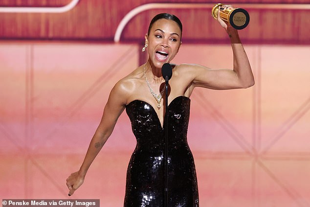 After being lauded in Hollywood with an incredible 13 Oscar nominations, fans have bombarded social media with criticism (Zoe Saldana pictured at the Golden Globes in January)