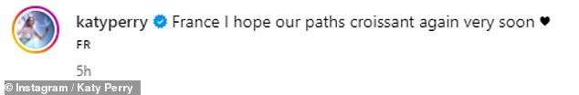 Katy quipped in her caption: 'France I hope our paths croissant again very soon ¿¿'