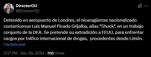 Randall Zúñiga, director of the Judicial Investigation Agency of Costa Rica (OIJ) - the country's FBI - confirmed the arrest on X, stating that Grijalba had been cuffed at an airpor