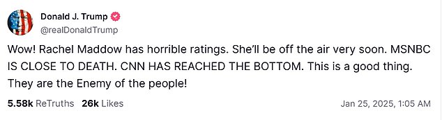 In a late night post, Trump said that MSNBC was 'close to death' and that 'CNN had reached the bottom'