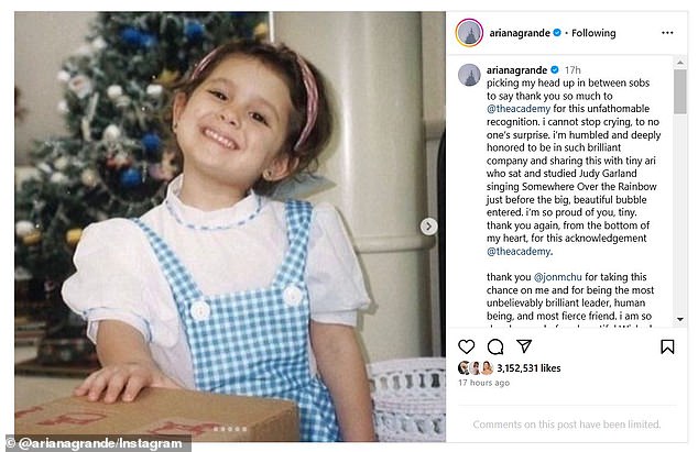 Ariana shared a throwback photo of herself as Dorothy from Wizard Of Oz as she thanked the Academy for her nomination for Best Supporting Actress on January 23