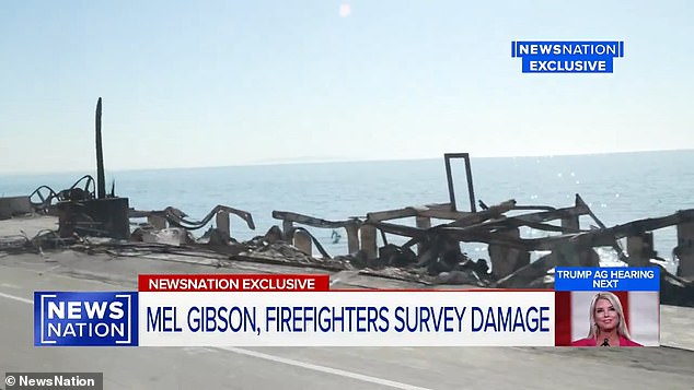 Gibson traveled through the LA fire damage calling the ruinous scenes 'totally crazy' as firefighters said 'there was no warning the reservoir was running low' and they 'were stunned' when the water stopped