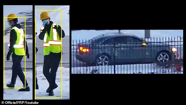 Dressed in a bright safety vest, a yellow construction helmet, and a blue medical mask, he waited on the snow-covered sidewalk