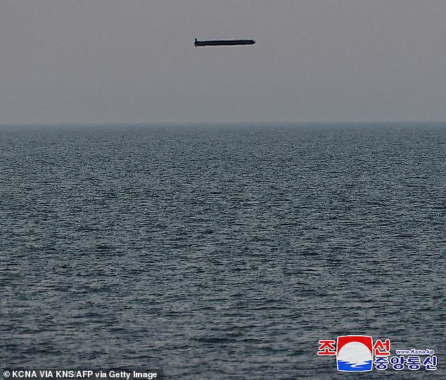 Image shows the test-firing of a sea-based (underwater) ground-to-ground strategic cruise guided weapon, at an undisclosed location in North Korea