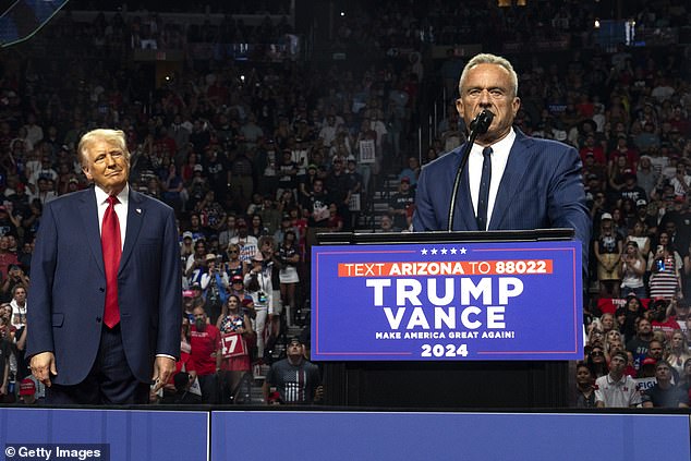 RFK Jr. speaks as President Donald Trump listens during a campaign rally at Desert Diamond Arena on August 23, 2024, in Glendale, Arizona