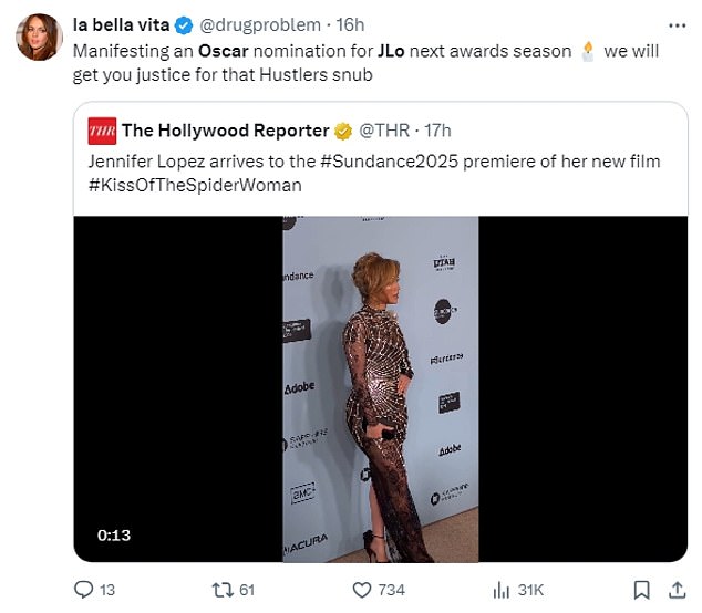 'Manifesting an Oscar nomination for JLo next award season,' another tweeted. 'We will get you justice for that Hustler snub'