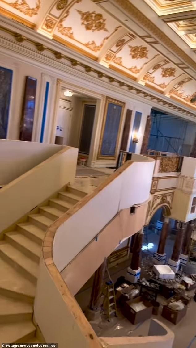 Tarps and painter's tape were laid out over much of the space, though the ornate coffered ceiling appeared to be mostly completed