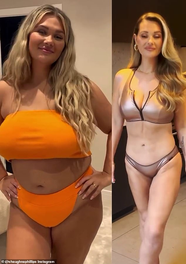 Shaughna wore a gold bikini in the new video and looked completely different as she demonstrated her weight loss, also cutting the videos so they appeared alongside each other