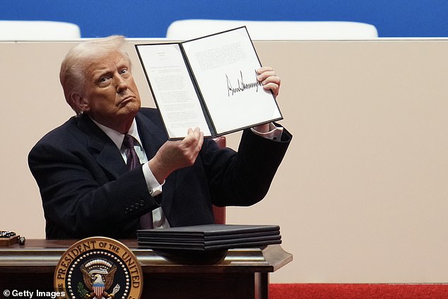 The memo is an order to bring the budget into compliance with the slew of executive orders Trump signed during his first week back in the Oval Office. Pictured: President Trump holds up an order he signed during an indoor inaugural parade at the Capital One Arena on January 20