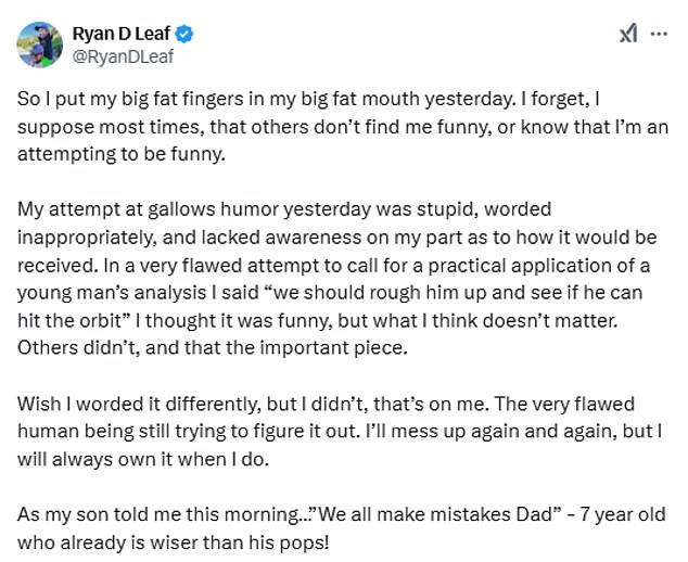 Leaf later deleted his initial tweet and admitted he had made a 'flawed attempt' at humor