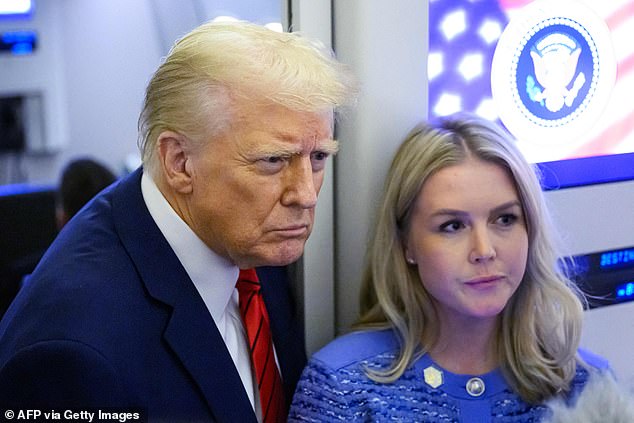 Ramping up the pressure, the most important member of her live nationwide audience - the president himself (pictured here with Leavitt on Air Force One) - was watching closely on TV.