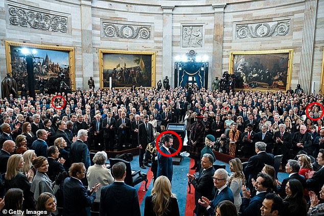 While she didn't sit up front with Don Jr. (center), she was spotted in the crowd wearing a black and white  Dolce and Gabbana suit (right). His ex Kimberly Guilfoyle (left) was also there