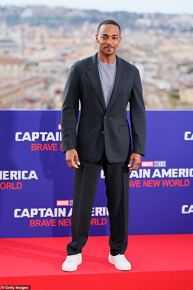 Anthony Mackie, 46, was forced to clarify comments he made about his upcoming Marvel film Captain America: Brave New World after they stoked outrage from some fans on social media; seen Monday in Rome