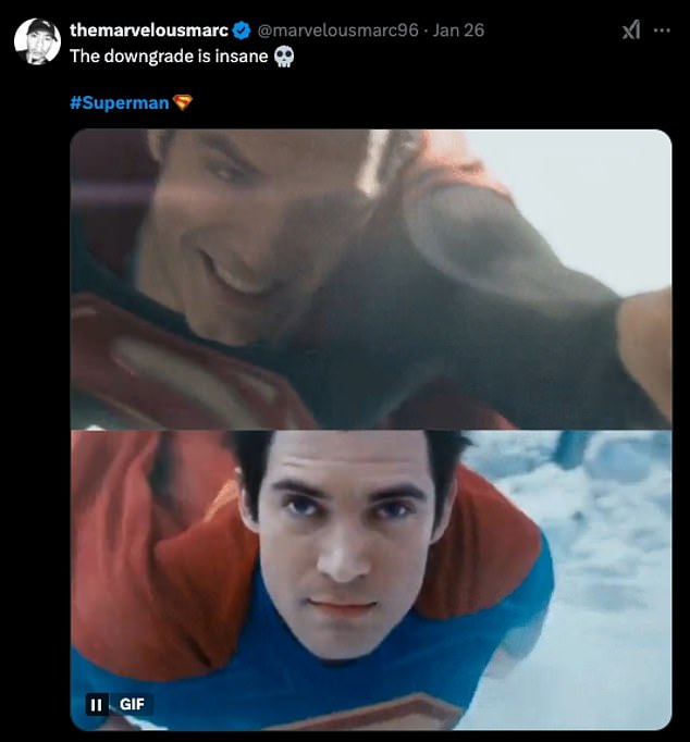 There were also many fans loyal to Henry Cavill's Superman portrayal, with one posting a side-by-side comparison and writing, 'The downgrade is insane'