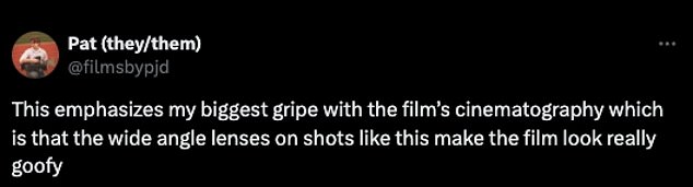 'This emphasizes my biggest gripe with the film¿s cinematography which is that the wide angle lenses on shots like this make the film look really goofy,' someone else added