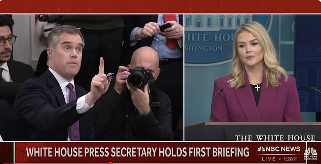 NBC News' chief White House correspondent Peter Alexander shared a fiery exchange with Donald Trump's new press secretary Karoline Leavitt after posing questions about the President's sweeping immigration crackdown and federal spending freezes