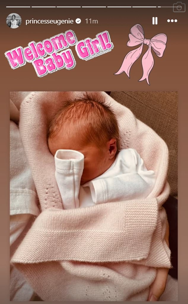 Reposting the baby announcement on her Instagram story, Princess Eugenie wrote 'welcome baby girl' to her new niece