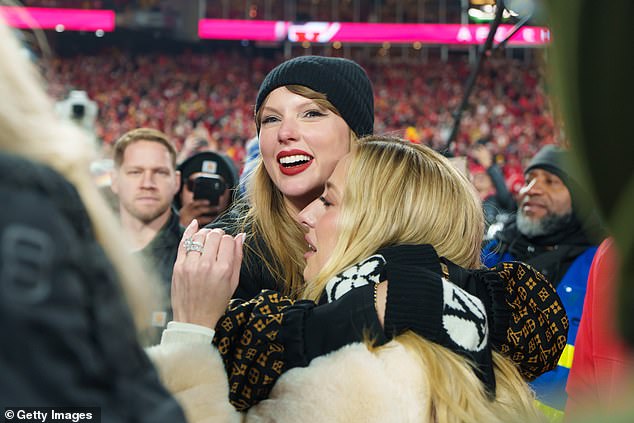 Swift hugged Brittany Mahomes on the field as the WAGs prepare to go to New Orleans