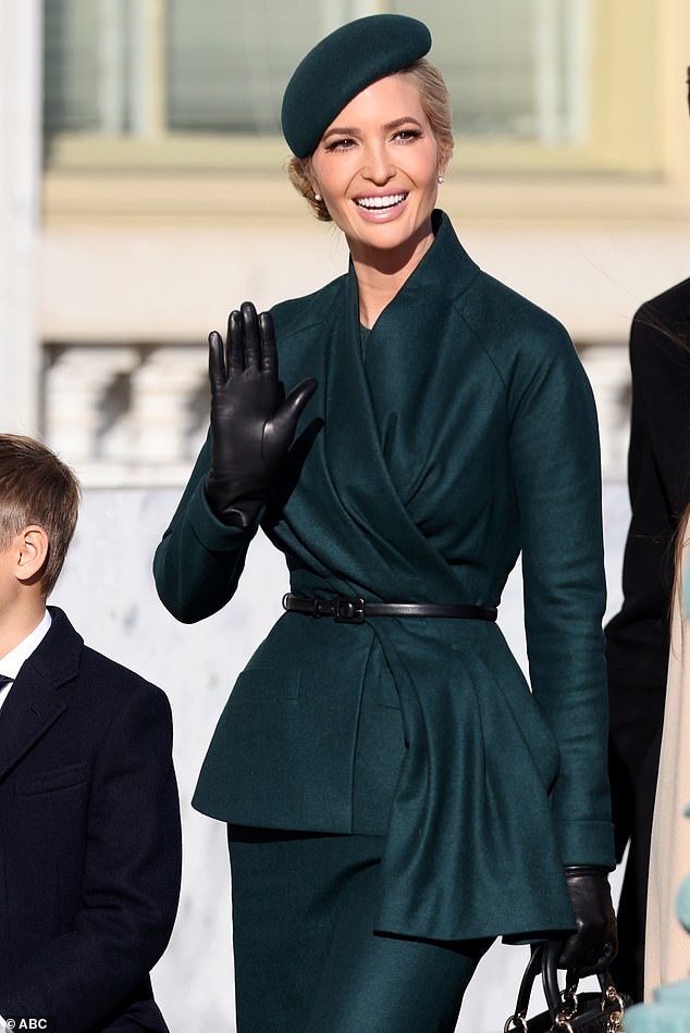 Ivanka (pictured) clad in a green Dior ‘New Look’ skirt-suit complete with matching fascinator echoed Melania's look with seamless precision.