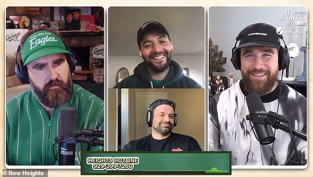 Travis, his brother Jason Kelce (left) and producers Brandon Borders and Jake Chatzky were asked about Taylor's 'f**ka** filter' by one listener