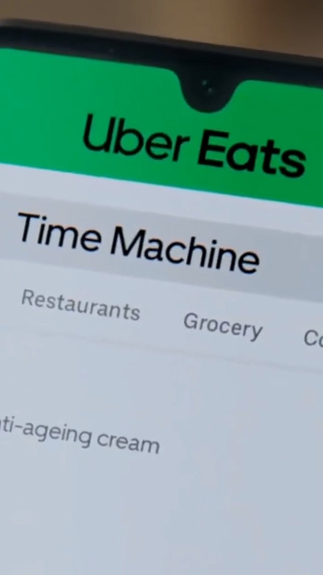 Inspired by her 1989 hit, she then pulls out her phone and opens the Uber Eats app, to place an order for a Time Machine, while her previous search history hilarious reads: 'Anti-ageing cream'