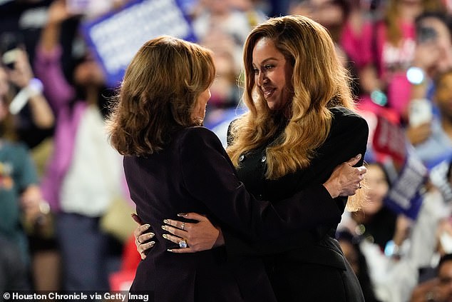 Vice President Kamala Harris' (left) consolation prize was Beyonce (right) attending the Houston rally, but Queen Bey refused to sing her song Freedom, Harris' walk-on song, giving a speech to the audience instead