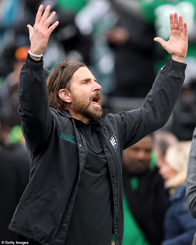 Hadid's beau Bradley Cooper, 50, is an ardent fan of the Philadelphia Eagles, who are representing the NFC in the big game. Pictured Sunday at Lincoln Financial Field