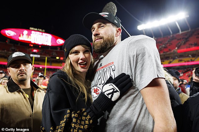 Swift and beau Travis Kelce, 36, embraced one another Sunday at Arrowhead Stadium in Kansas City after his Chiefs bested the Buffalo Bills in the AFC Championship game