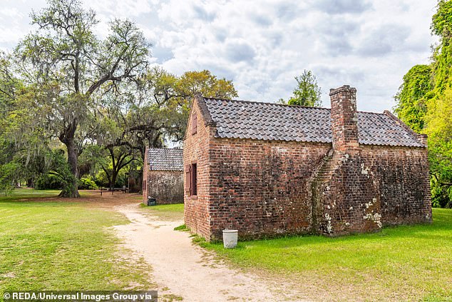 The stunning backdrop to the couple's nuptials has a dark history of slavery, with 'preserved' slave cabins and fields of cotton serving as a constant reminder of the horrors that once took place there