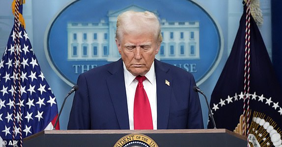 President Donald Trump pauses for a moment of silence before he speaks in the James Brady Press Briefing Room at the White House, Thursday, Jan. 30, 2025, in Washington. (AP Photo/Alex Brandon)