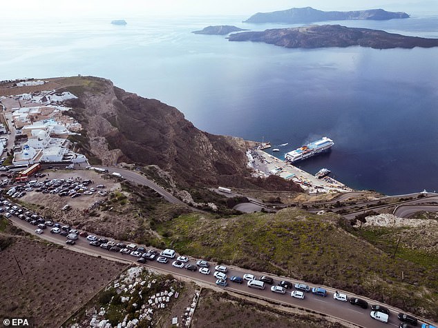 Swarms of earthquakes like those experienced on Santorini (pictured) and the surrounding islands can be a sign of impending volcanic activity. However, experts say that the risk of an eruption is low