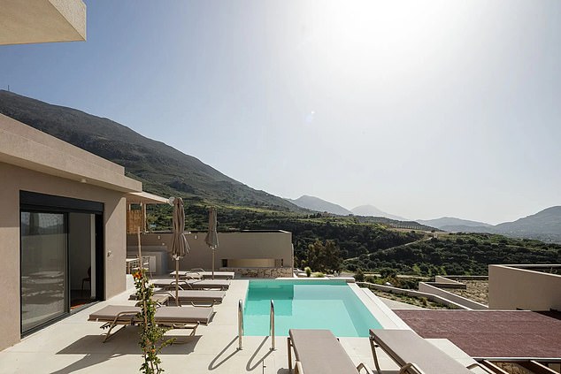 Set on a gentle slope, this stunning three-bedroom home boasts a private infinity pool that overlooks the Crete vista